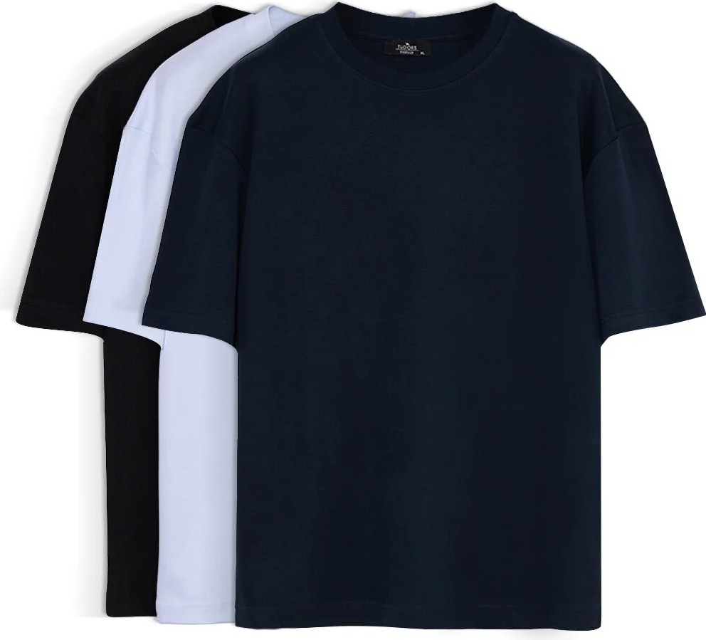 Tudors Unisex 3'lü Paket Lacivert-Beyaz-Siyah Oversize Geniş Kesim %100 Pamuk Basic Bisiklet Yaka Tişört
