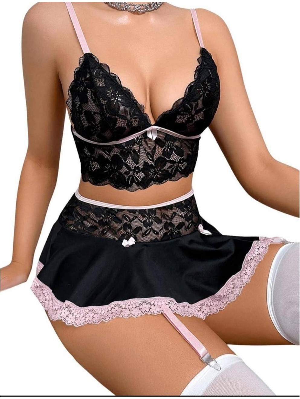 Intive Lingerie Bella Kadın Dantelli Mini Etekli Jartiyerli Sütyen Tanga Etek Çorap Takım görsel 2