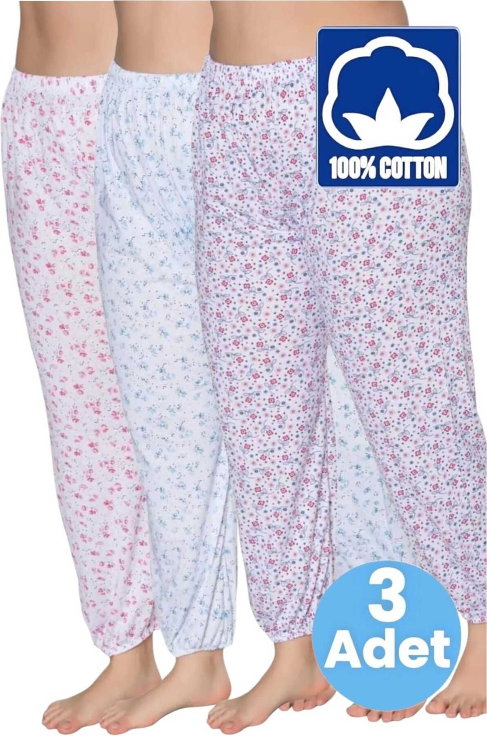 Uniquetrenders Kadın %100 Pamuklu Desenli Emprime Lastikli Uzun Pijama Lastik Paçalı Don 3'lü Set