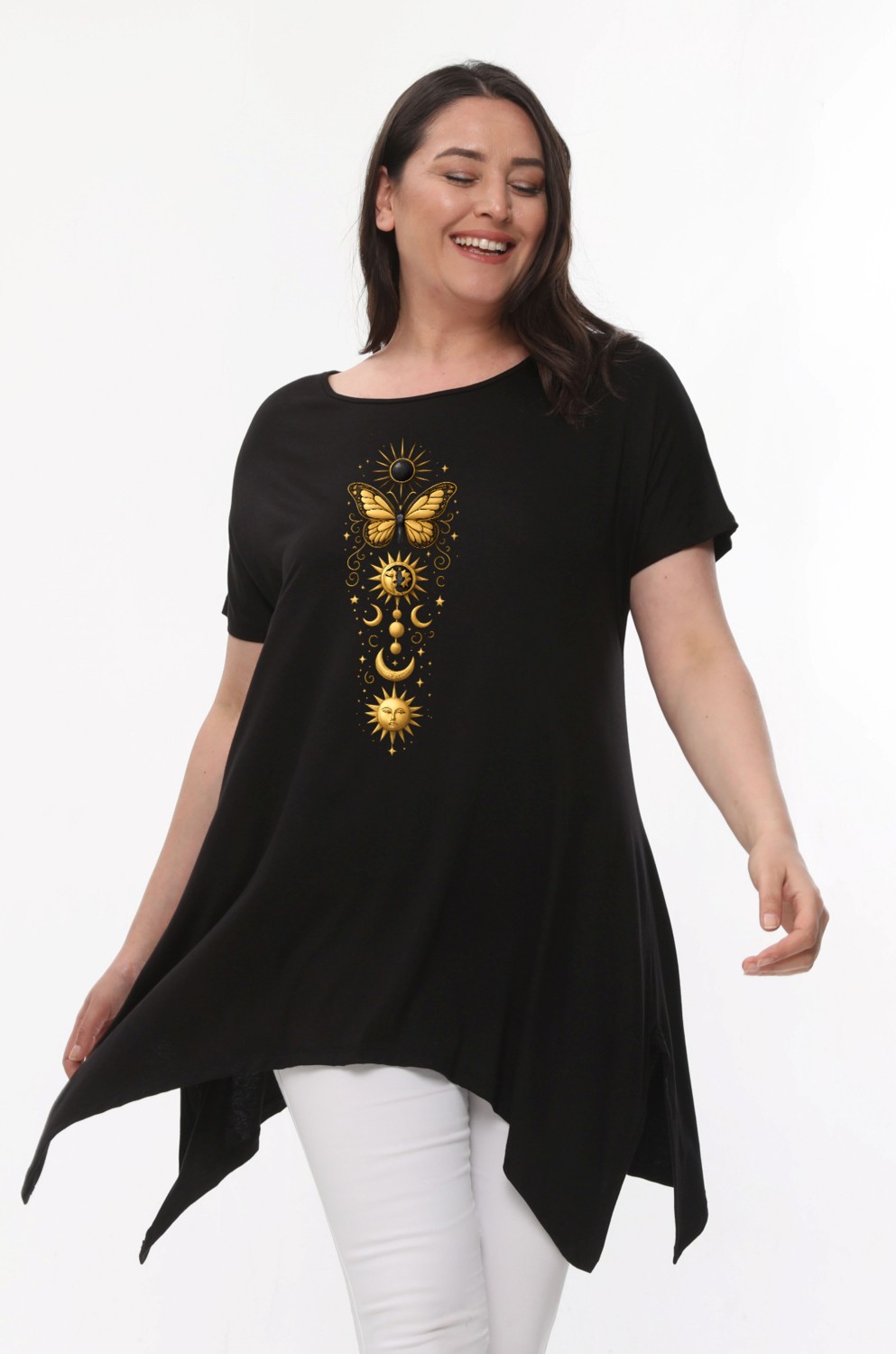 Curvy Trend Büyük Beden Sembol Baskılı Kısa Kol Yırtmaçlı Basic Bluz