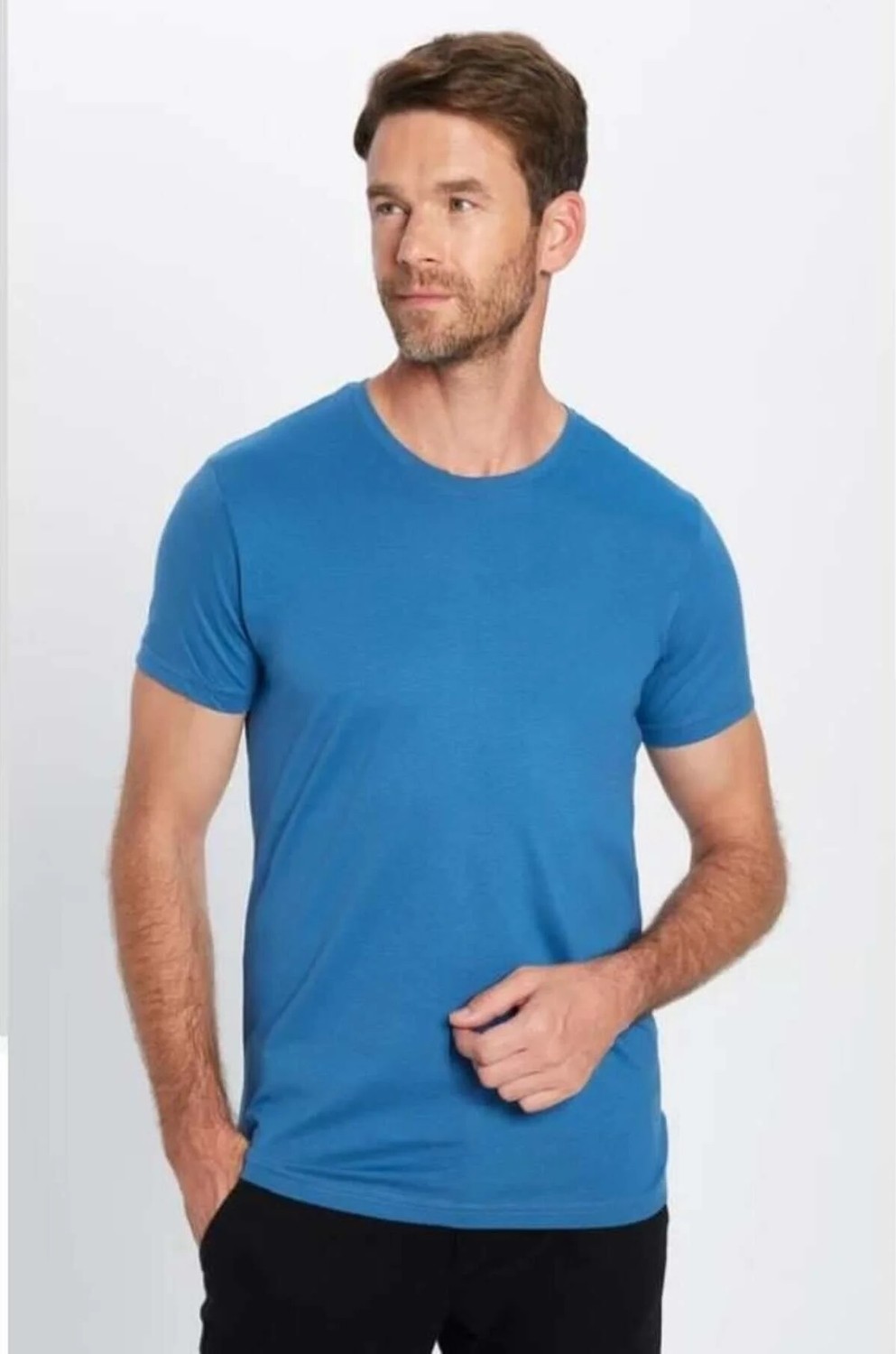 Tudors Unisex 5'li Paket Siyah-Taş-Mavi-Açık Mavi-Beyaz Slim Fit Dar Kesim %100 Pamuk Bisiklet Yaka Tişört görsel 3