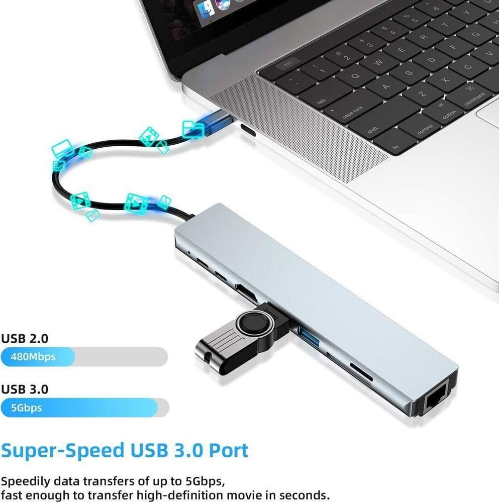 Die Grup Daytona Cf-04 Macbook Uyumlu Type-C™ To 4K HDMI Tv Projeksiyon UHD 1080P 2* Type-C 3* USB Sd/tf RJ45 Ethernet Lan 8ın1 Çevirici Hub Adaptör görsel 4