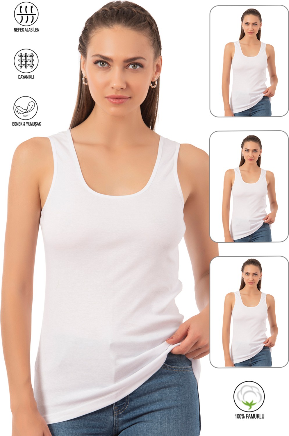 Özkan Underwear 0111 3'lü Paket Kadın Pamuklu Ribana Esnek Kalın Askılı Atlet görsel 7