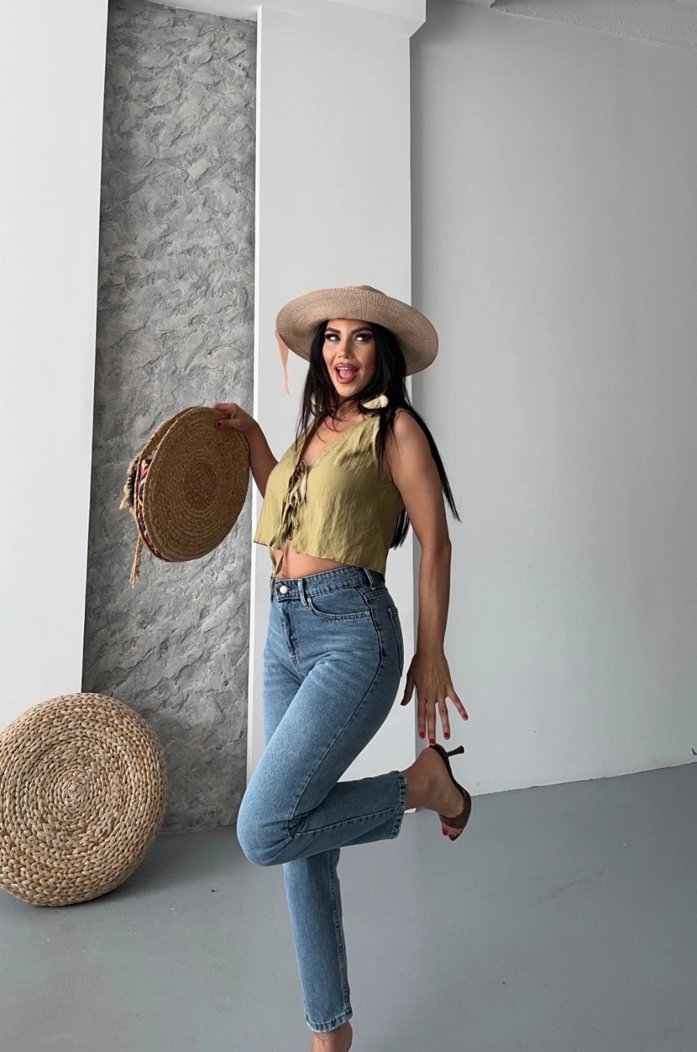 OEY Fashions Mom Fit Bıyık Kar Yıkama Jeans Pantolon Koyu Mavi D2006 görsel 2