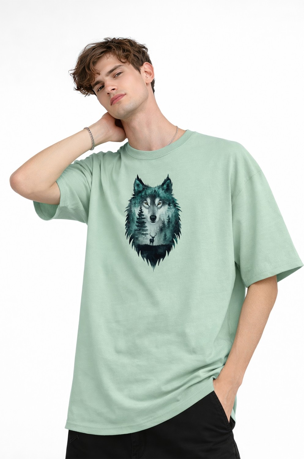 TeknoKapsül Wolf - Oversize Erkek Tişört Su Yesılı