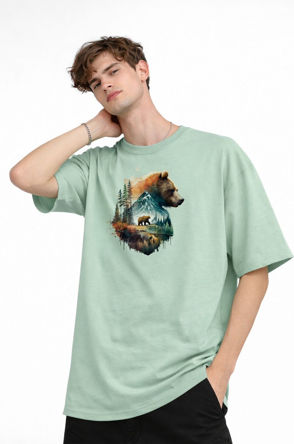 TeknoKapsül Bear2 - Oversize Tişört Su Yesılı