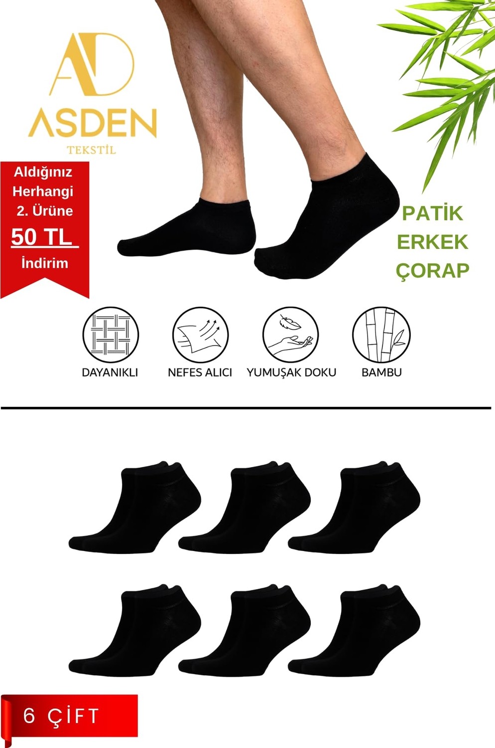 Aesco Bambu Erkek Patik Çorap Dikişsiz, Soft Yıkamalı (Siyah6) görsel 2