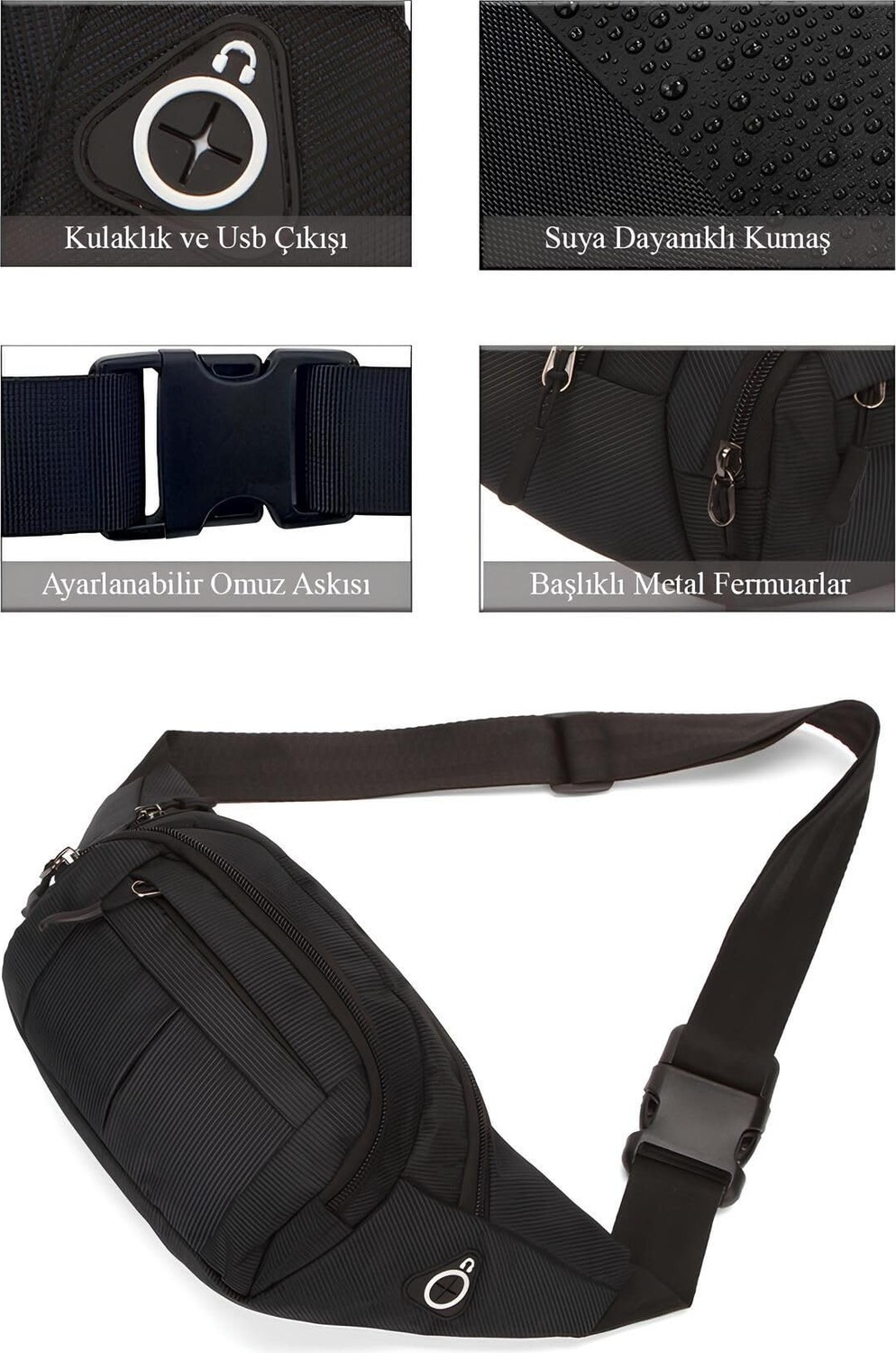 Aesco Av A Dos Siyah Unisex Suya Dayanıklı Çapraz Askılı Omuz Bel Çanta Günlük Yürüyüş Koşu Outdoor Çanta görsel 3