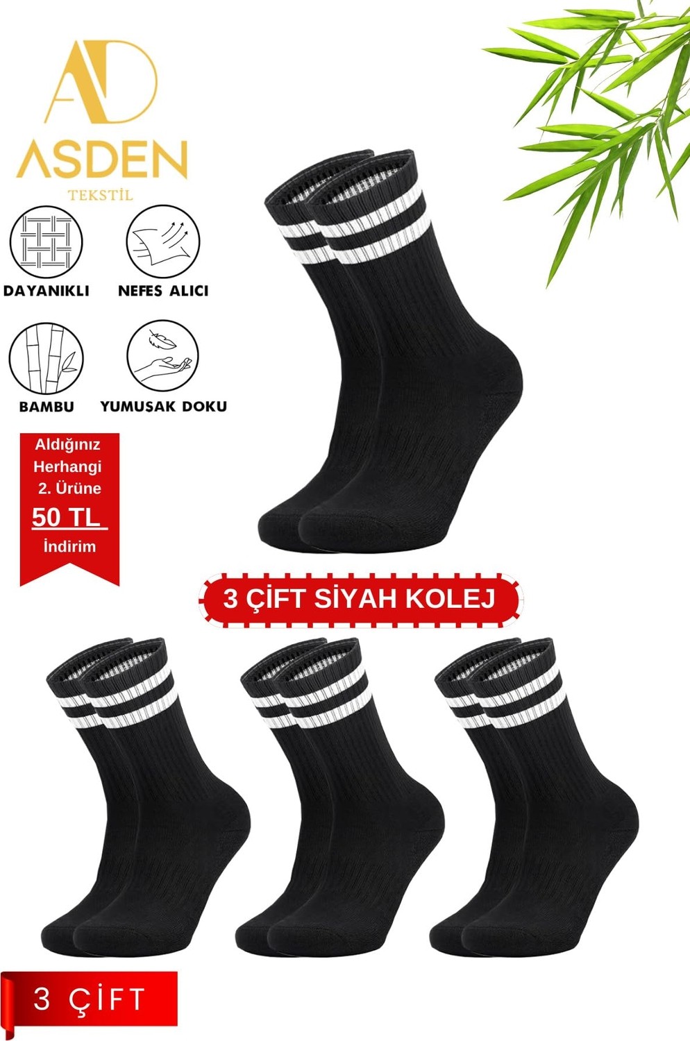 Die Grup Unisex Bambu (Siyah) Kolej Tenis Çorap Premium, Beyaz Çizgili 3'lü Paket görsel 3