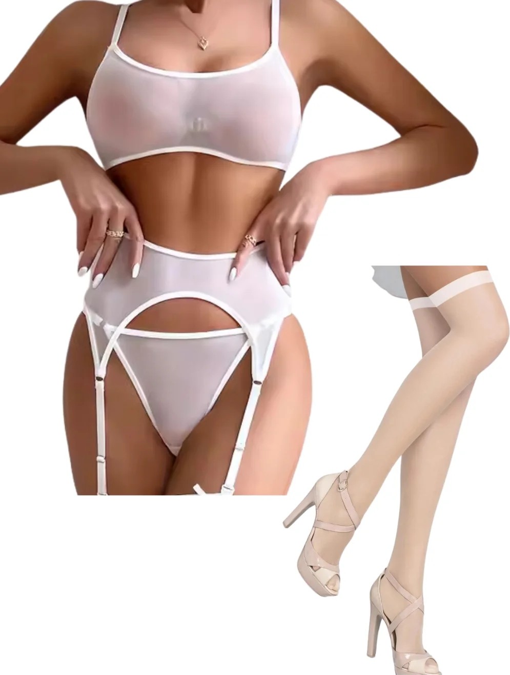 İkikareshop Fantezi Beyaz Transparan Tül Jartiyer Takımı BC3262