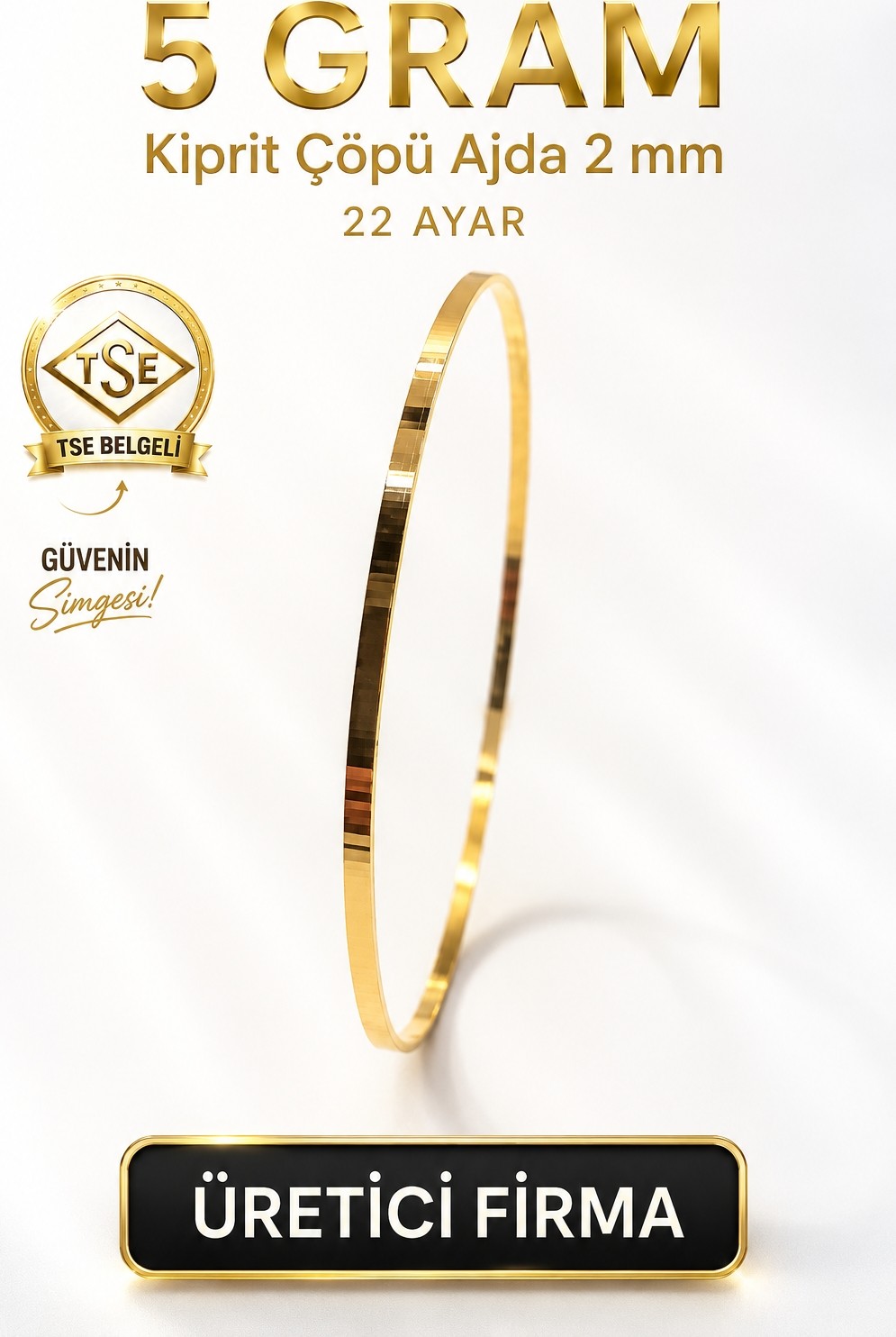 Aks Gold 22 Ayar TSE Belgeli (5 GRAM) 2 mm Kibrit Çöpü Ajda Altın Bilezik Gold Düğün