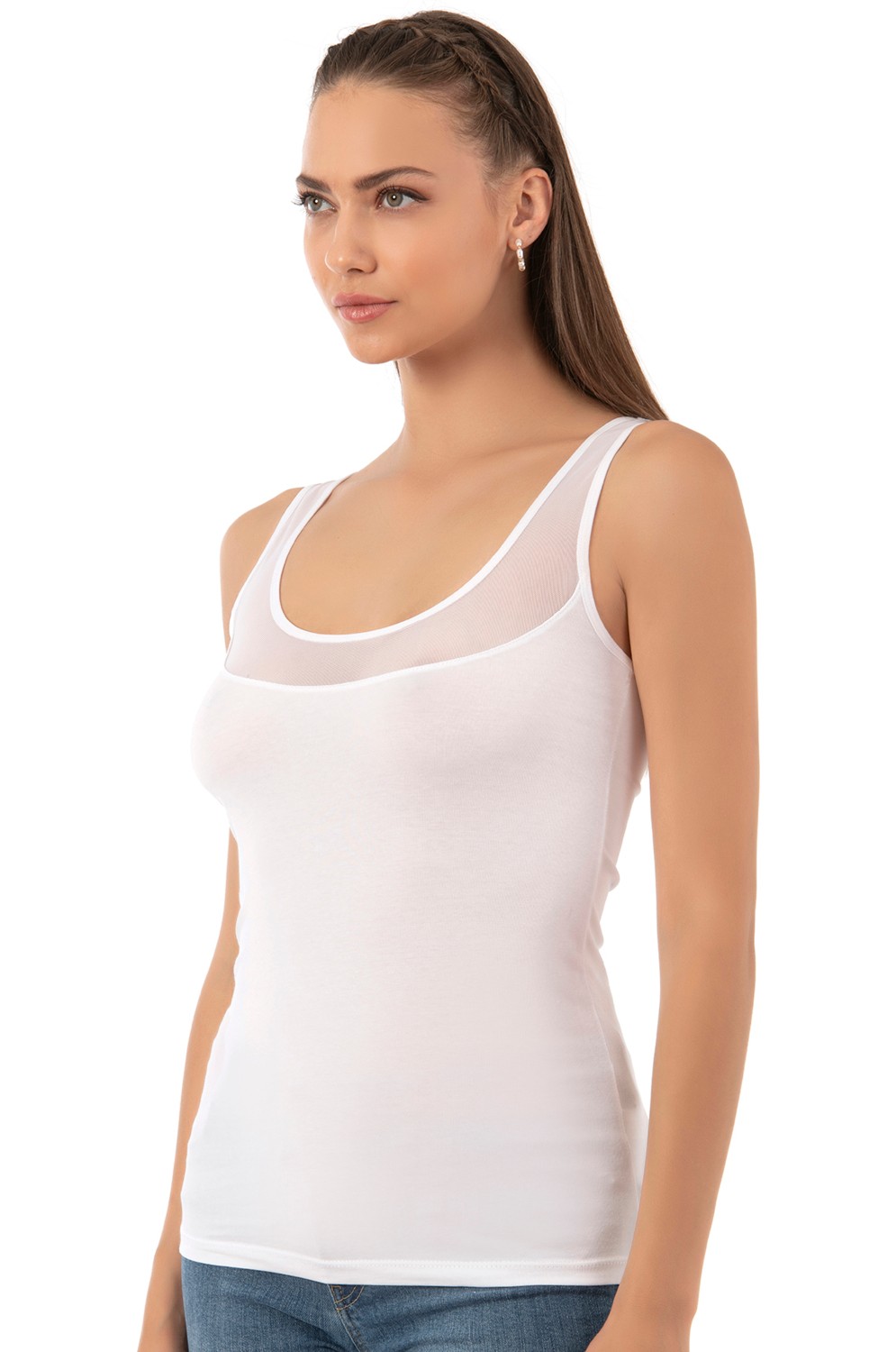 Özkan Underwear 20575 Kadın Büyük Beden Aralığı Pamuklu Likralı Tül Detaylı Kalın Askılı Atlet görsel 8
