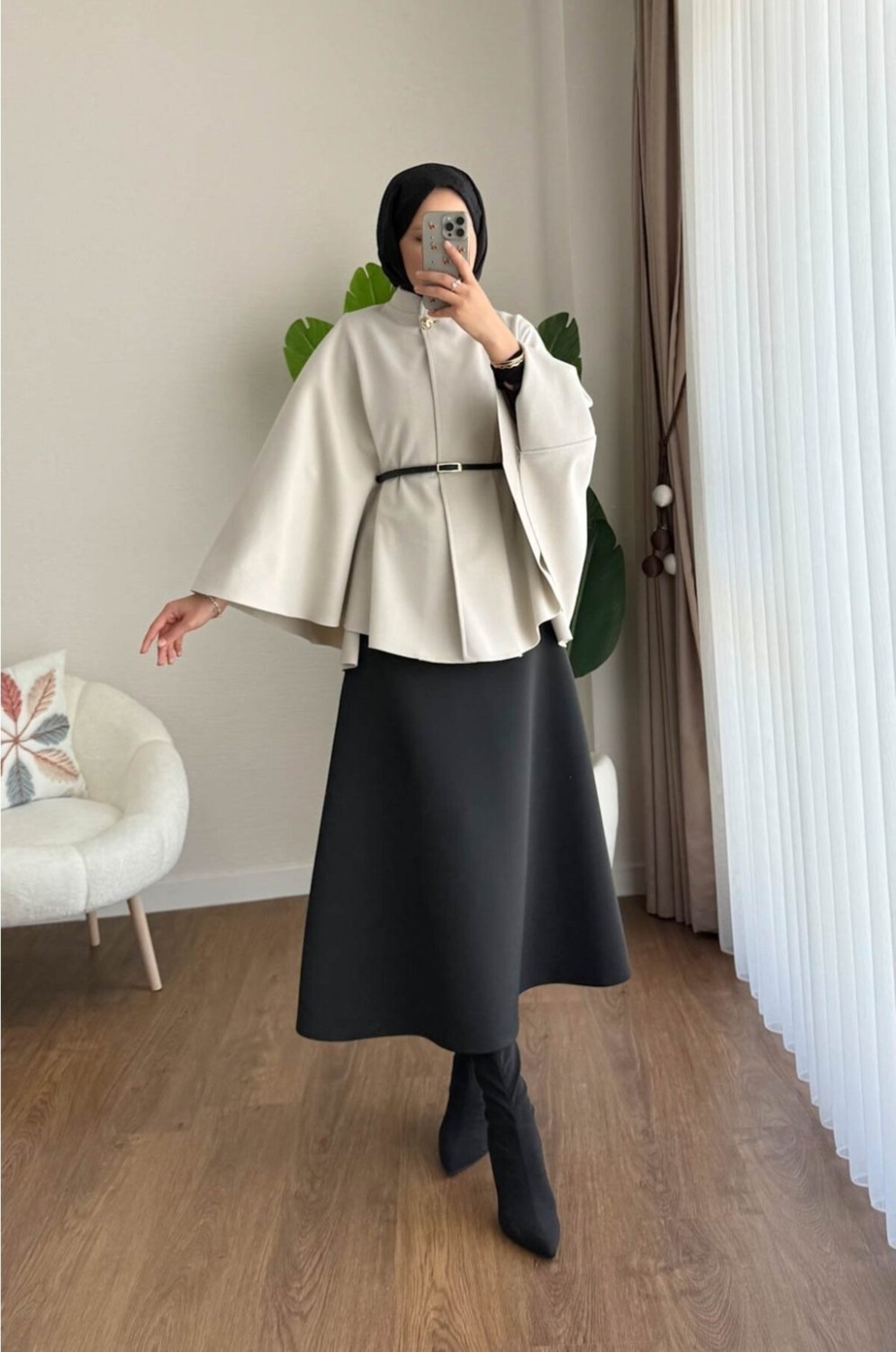 Miraydin Butik Kadın Yeni Sezon Oversize Kemerli Kaşe Panço M25131 - Bej görsel 3
