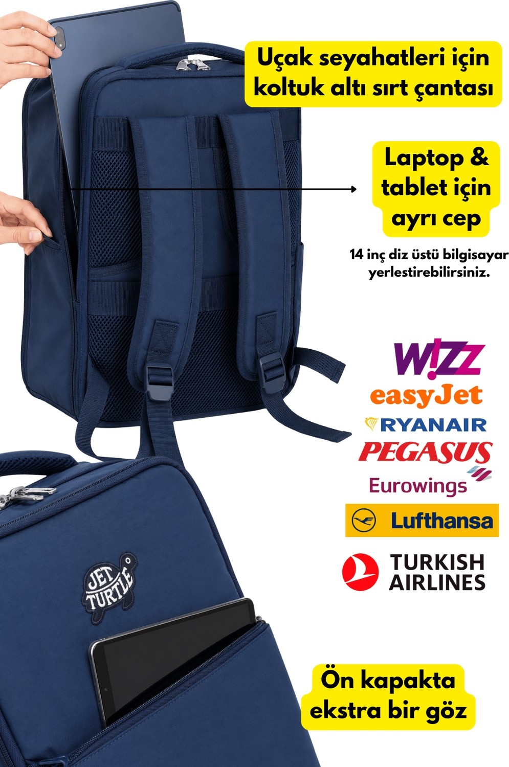 Jet Turtle Seyahat Sırt Çantası 40CM 40X25X15 cm Pegasus, Wizz Air, Ryanair, El Valizi Koltuk Altı Valizi görsel 3