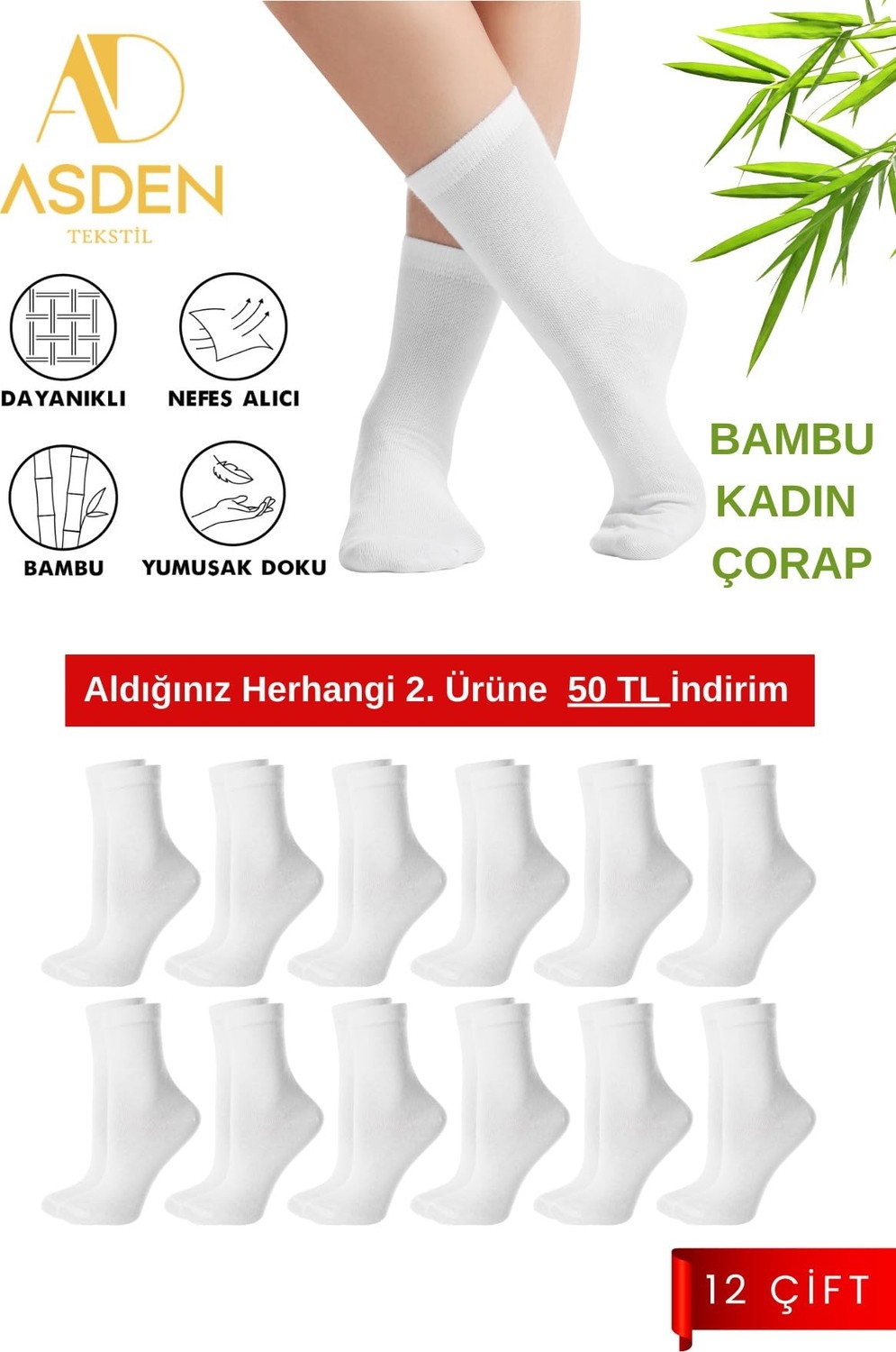 Die Grup Bambu Kadın Beyaz Soket Çorap 12'li Paket, Yıkamalı, Burun Dikişsiz görsel 2