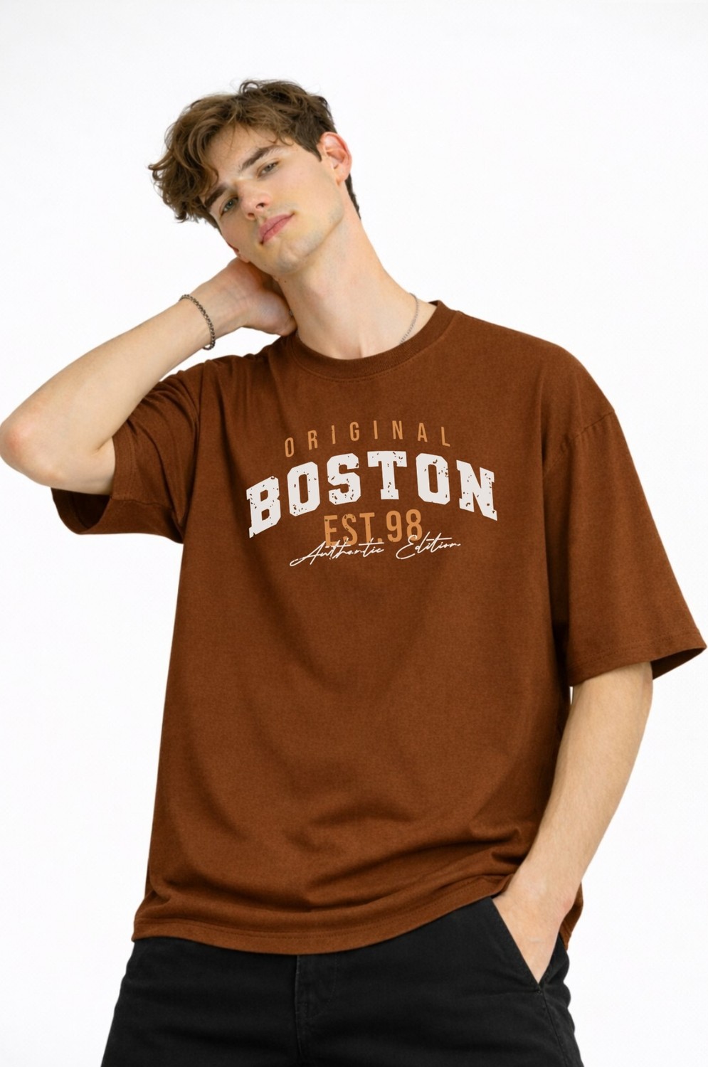 TeknoKapsül Boston - Baskılı Oversize Tişört Kahve görsel 3