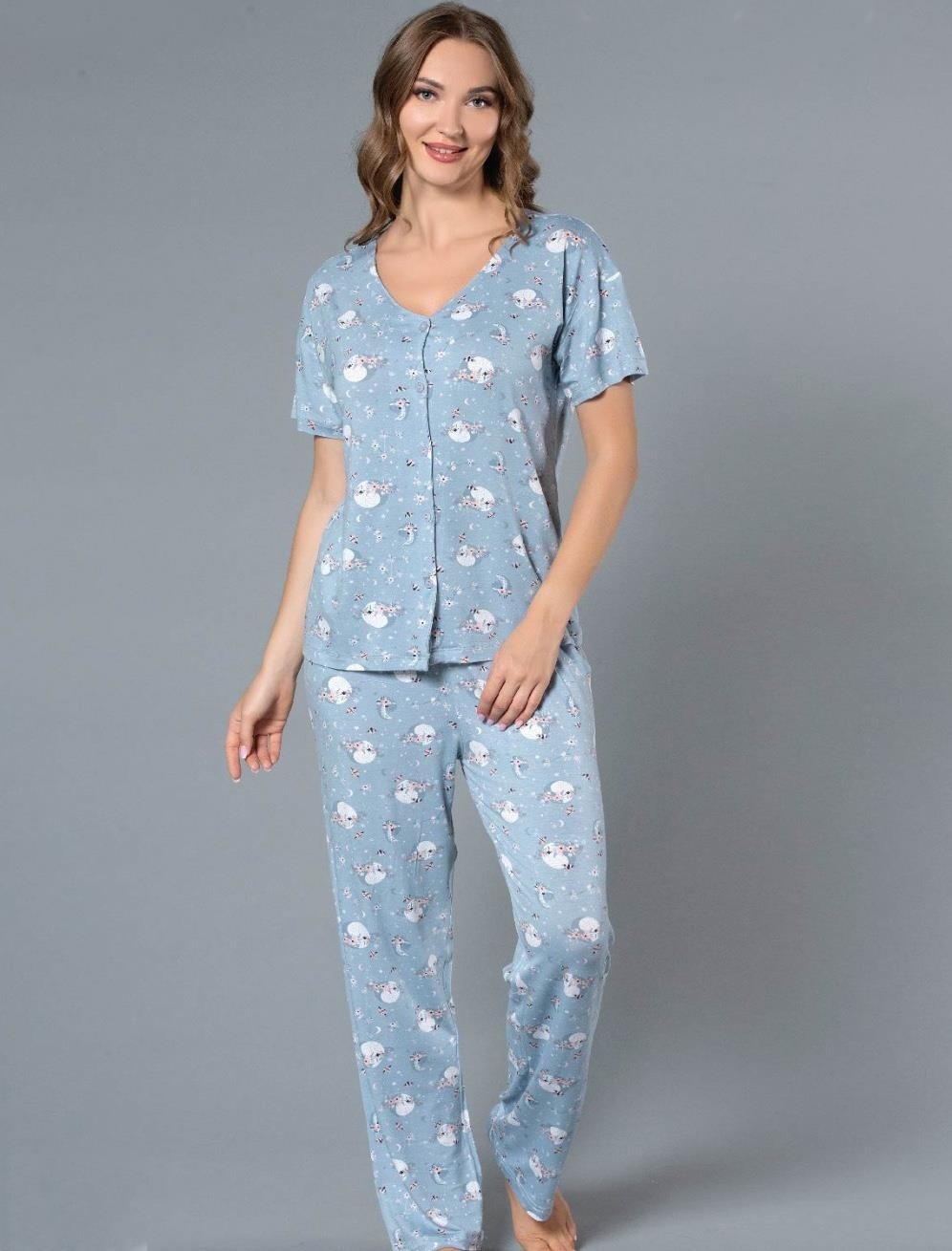 Dowry Boydan Düğmeli Gömlek Yazlık Kısa Kol Yakasız Pijama Takımı Dowry 08-115