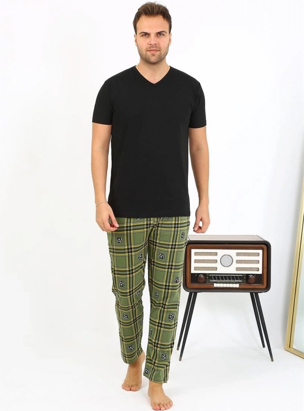Marsilyan Erkek Ekoseli Desen Penye Tek Alt Pijama Haki