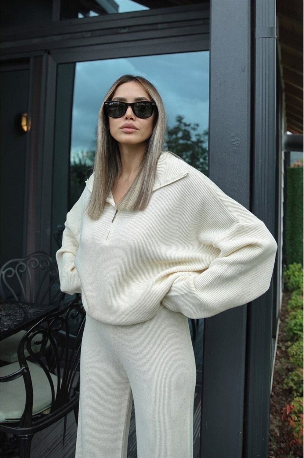 Mrs. Poleen Kadın Oversize Triko Alt-Üst Takım Günlük Kullanım İçin Desensiz görsel 3