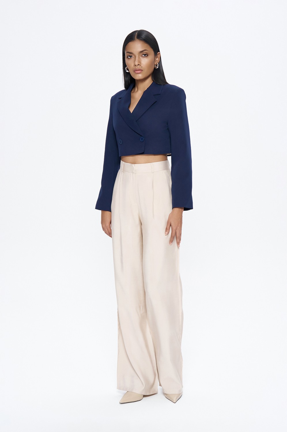 Quzu Kadın Kruvaze Crop Blazer Ceket Lacivert Dokuma Cepli Stil Casual görsel 7