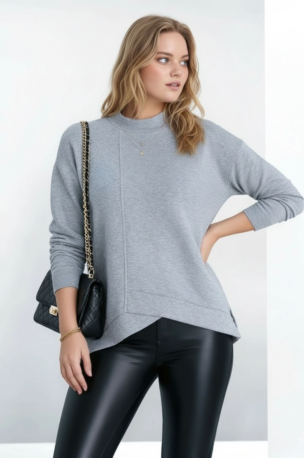 Mamayaga Kadın Yarım Dik Yaka Asimetrik Kesim Uzun Kol Büyük Beden Curve Sweatshirt görsel 2