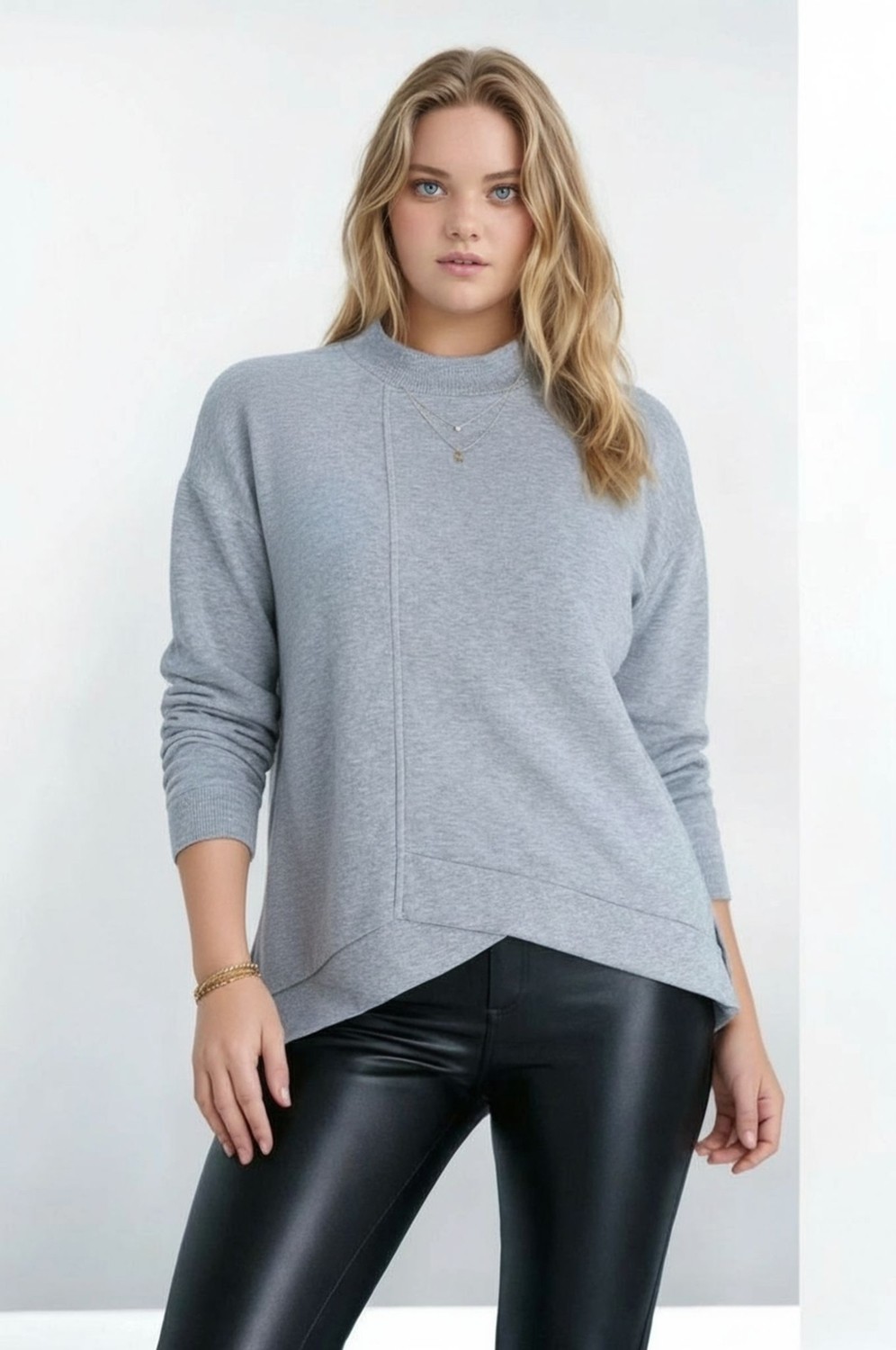 Mamayaga Kadın Yarım Dik Yaka Asimetrik Kesim Uzun Kol Büyük Beden Curve Sweatshirt görsel 3