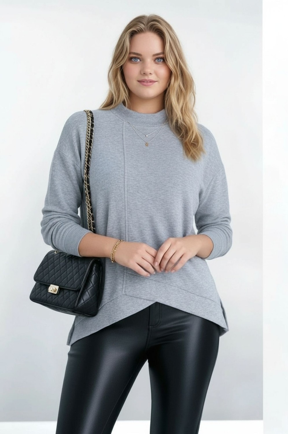 Mamayaga Kadın Yarım Dik Yaka Asimetrik Kesim Uzun Kol Büyük Beden Curve Sweatshirt görsel 4