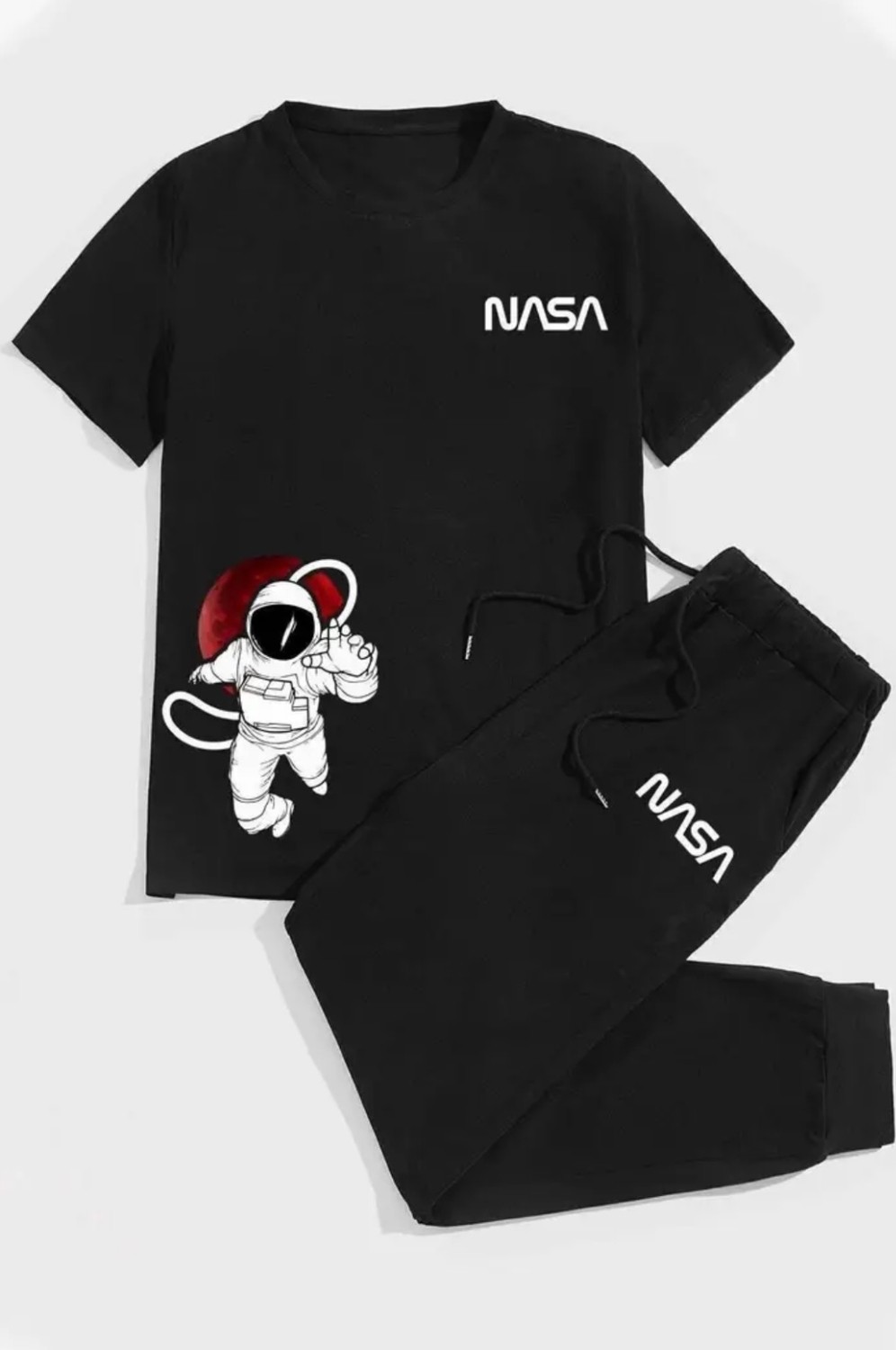 Punix Büyük Beden Özel Seri Nasa Baskılı %100 Pamuk Kısa Kollu Yazlık Battal Erkek Eşofman Takımı