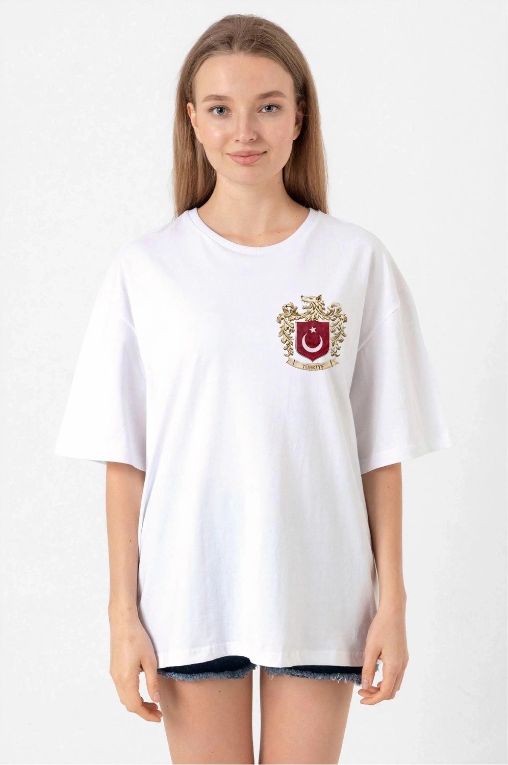Tarz Yeri Türk Arma Baskılı Oversize Bisiklet Yaka Günlük T-Shirt - Beyaz