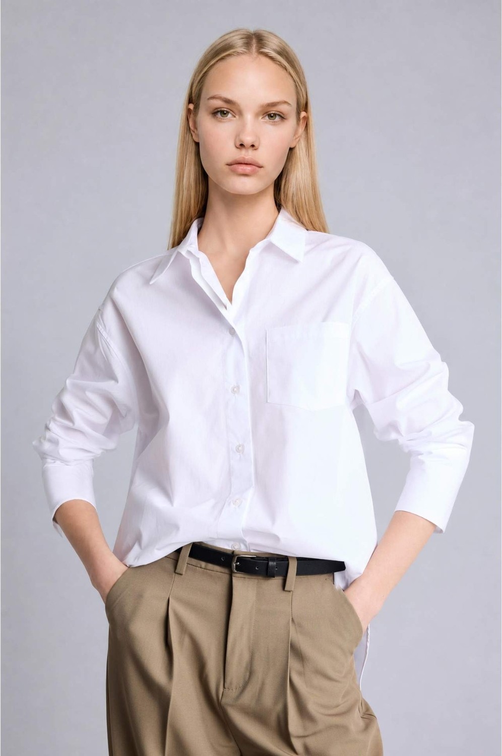 DeFacto %100 Pamuk Oversize Poplin Uzun Kollu Beyaz Gömlek T8735AZ26AU görsel 3