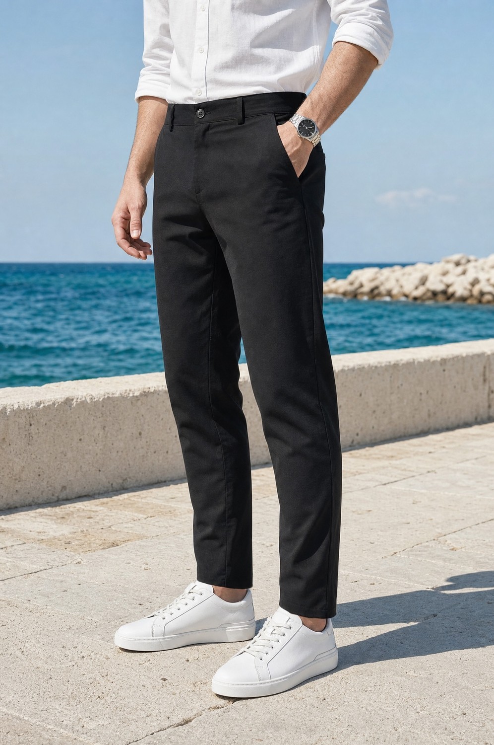 Modamesto Erkek Siyah Slim Fit Dar Kesim Likralı Yan Cep Bilek Boy Düz Kumaş Pantolon