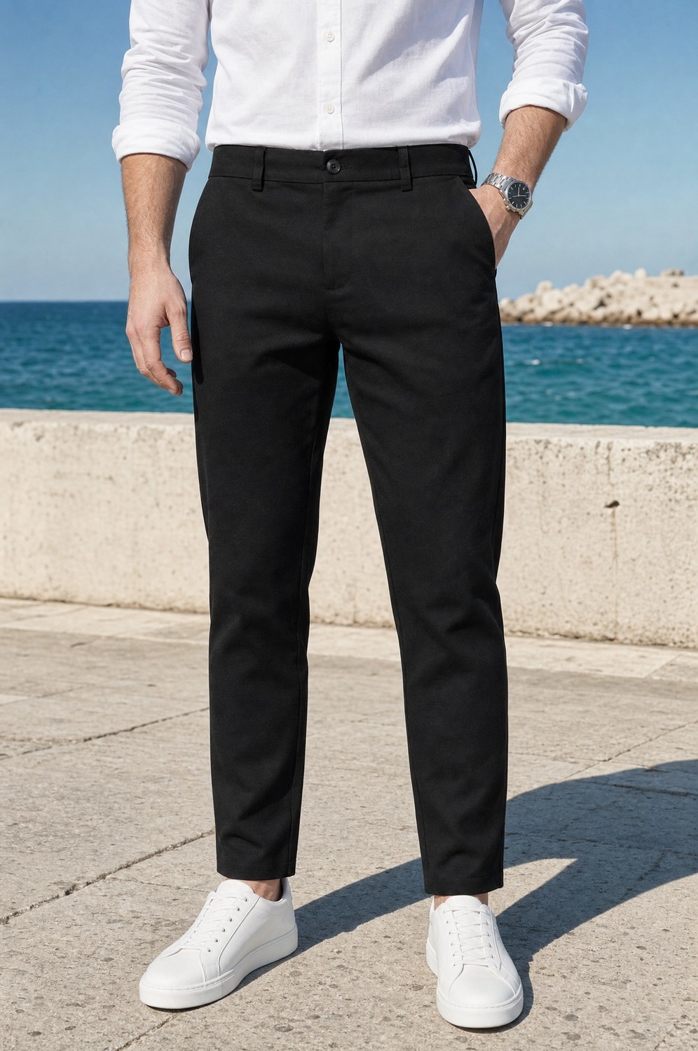Modamesto Erkek Siyah Slim Fit Dar Kesim Likralı Yan Cep Bilek Boy Düz Kumaş Pantolon görsel 2