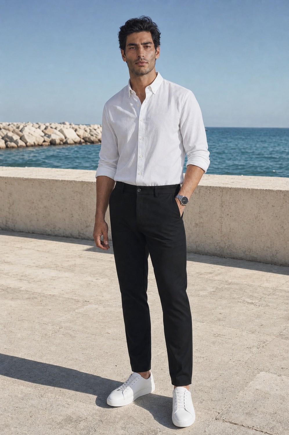Modamesto Erkek Siyah Slim Fit Dar Kesim Likralı Yan Cep Bilek Boy Düz Kumaş Pantolon görsel 3