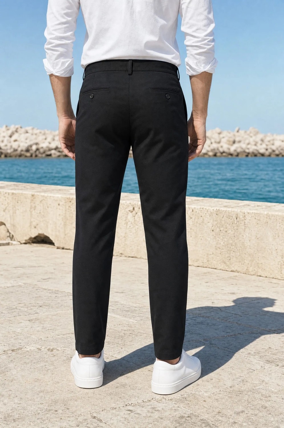 Modamesto Erkek Siyah Slim Fit Dar Kesim Likralı Yan Cep Bilek Boy Düz Kumaş Pantolon görsel 5