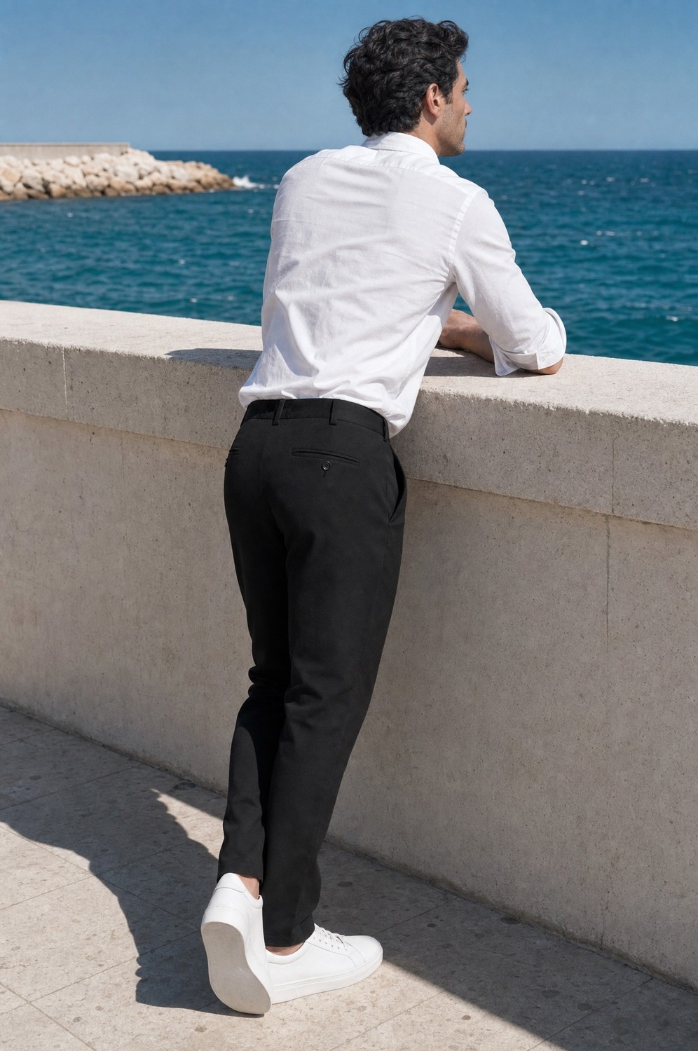 Modamesto Erkek Siyah Slim Fit Dar Kesim Likralı Yan Cep Bilek Boy Düz Kumaş Pantolon görsel 6