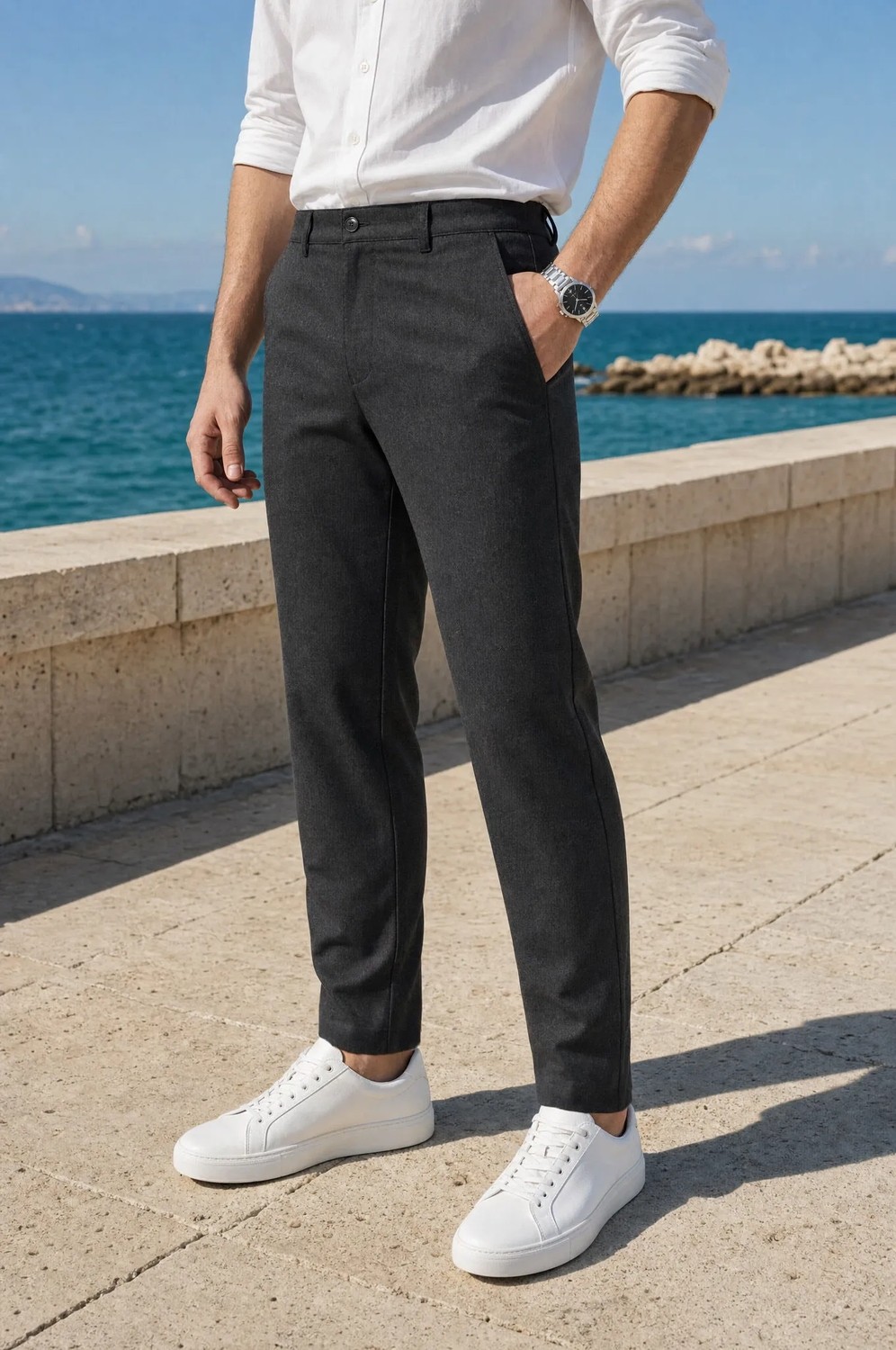 Modamesto Erkek Siyah Slim Fit Dar Kesim Likralı Yan Cep Bilek Boy Düz Kumaş Pantolon görsel 8