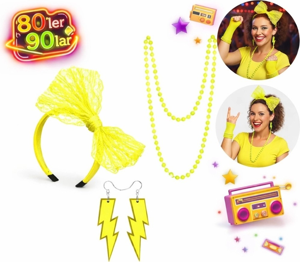 Ankaverse 80’ler 90’lar Neon Sarı Parti Seti, Kolye Küpe Taç görsel 3
