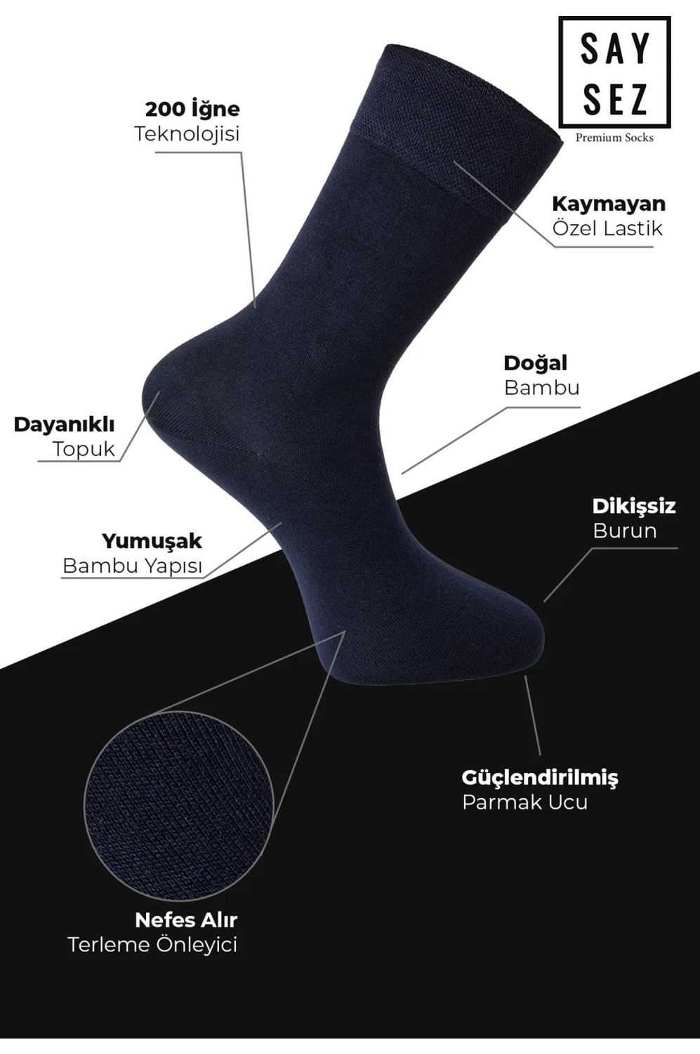 Saysez Bambu Erkek Yazlık Soket Klasik Uzun Düz Çorap Dikişsiz Premium Kutulu 6'lı Hediyelik Set görsel 2
