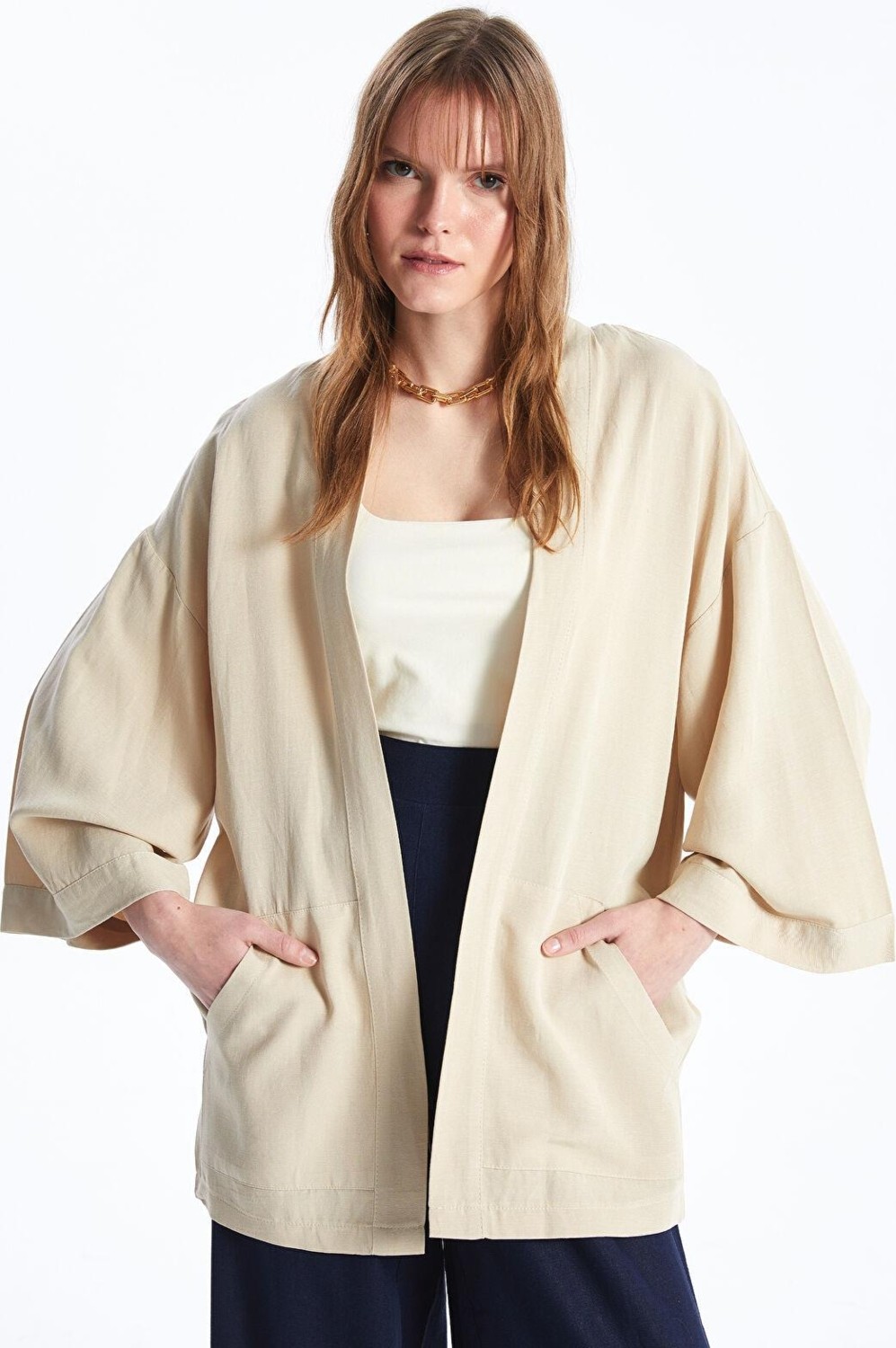 LC Waikiki Lcw Vision Açık Bej Şal Yala Düz Keten Karışımlı Oversize Kadın Kimono