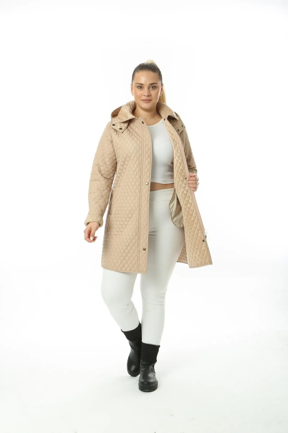 TUTveAL Collection Kadın Fermuarlı Uzun Kapitone Mont Içi Yumuşak Kürklü Kapitone Mont Büyük Beden Kapitone Mont görsel 8