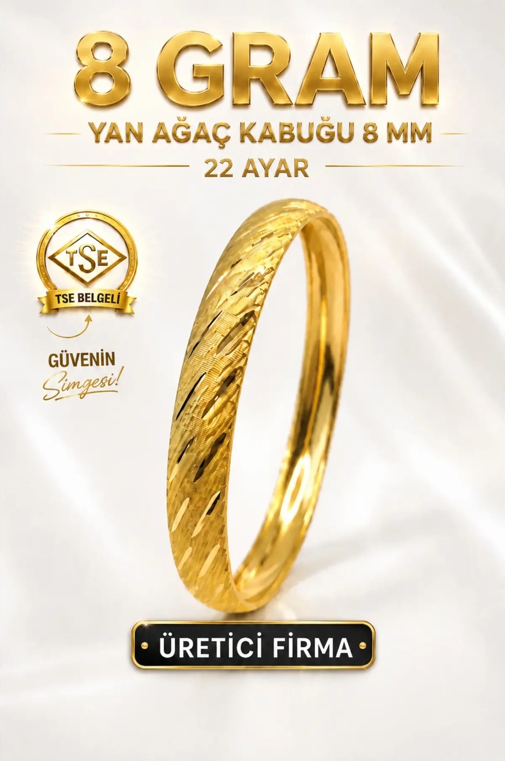 Aks Gold 22 Ayar Tse Belgeli (8 Gram) Yan Ağaç Kabuğu Ajda Bilezik 8 mm Gold Altın Bilezik Düğün Nişan