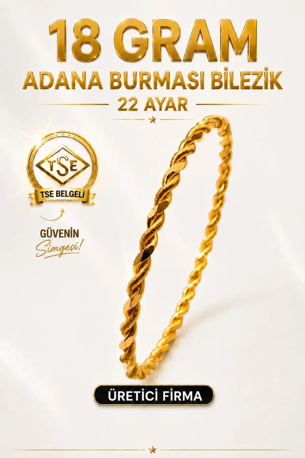 Aks Gold 22 Ayar Tse Belgeli (18 Gram) Adana Burması Bilezik Altın Gold Bilezik Düğün Nişan