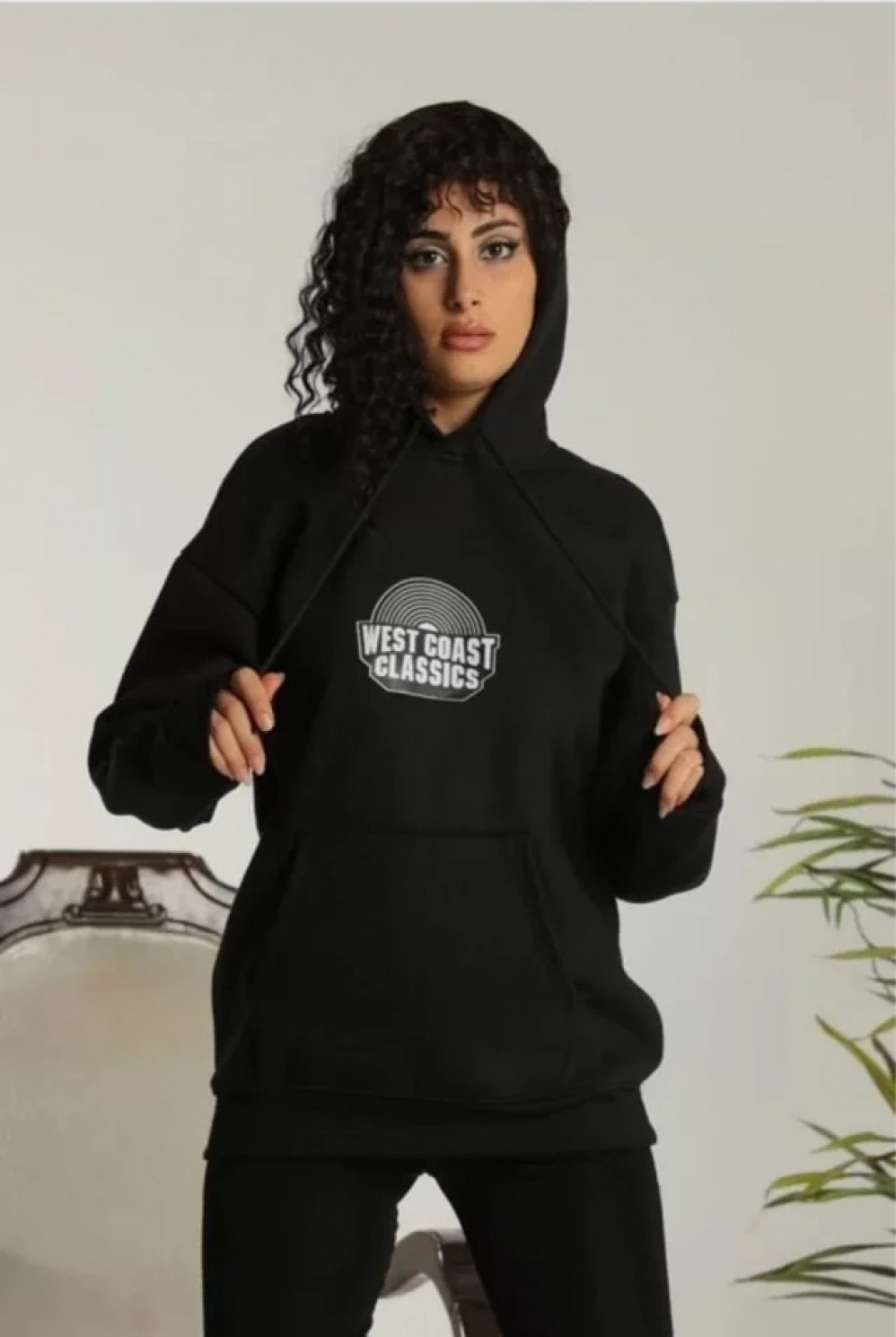 Pileli Store Unisex Sırt Baskılı Kapüşonlu Üç Iplik Oversize Sweatshirt - Siyah