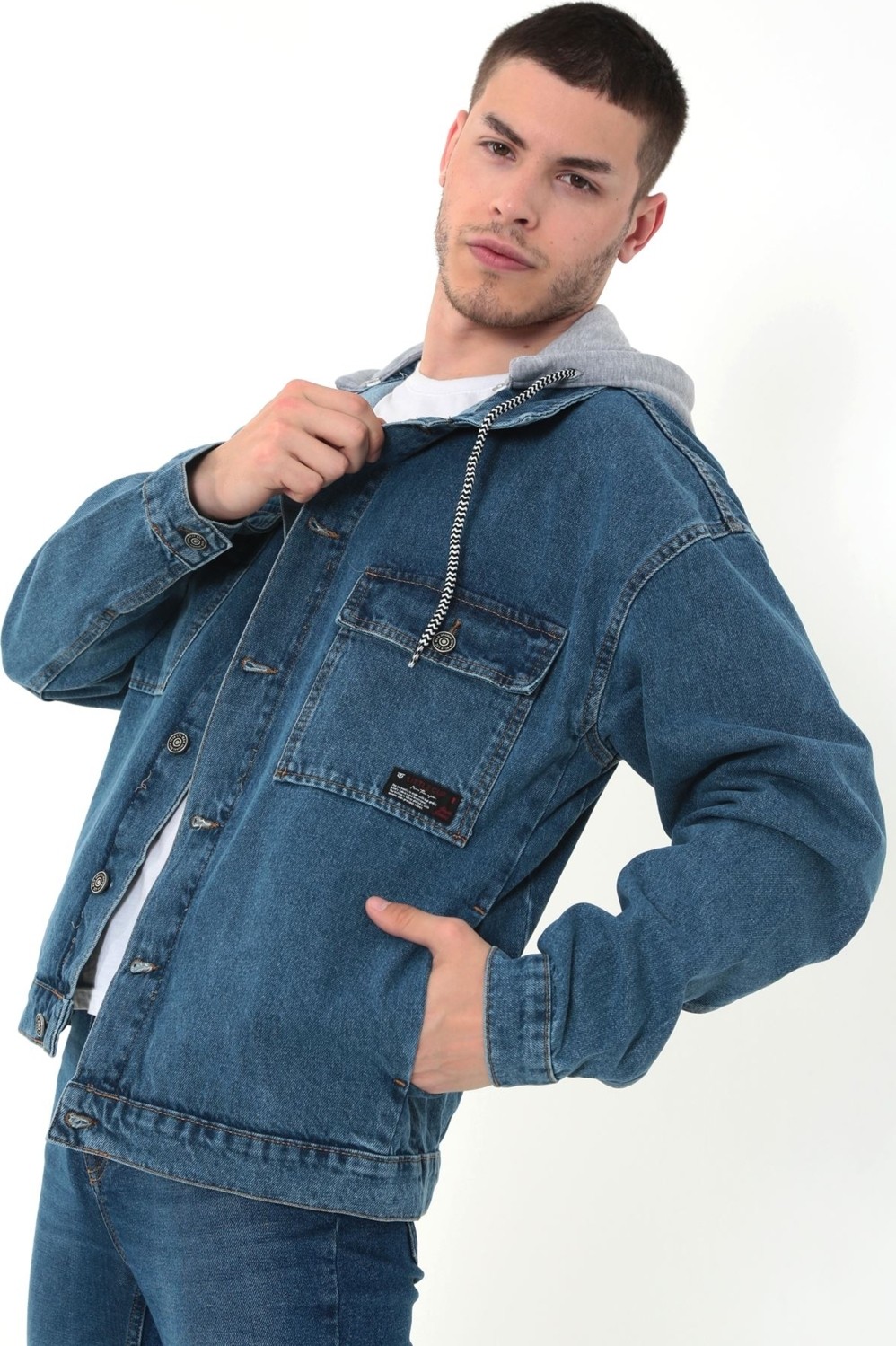 Little Cup Jeans Co Erkek Kar Yıkama Kapüşonlu Çıkarılabilir Kapüşonlu Oversize Kot Ceket