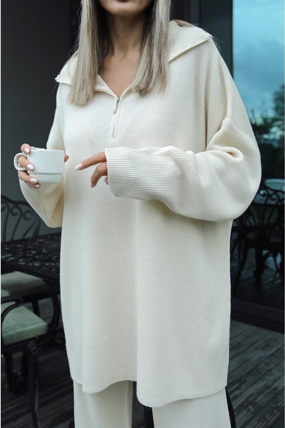 Mrs. Poleen Kadın Oversize Triko Alt-Üst Takım Günlük Kullanım İçin Desensiz görsel 4