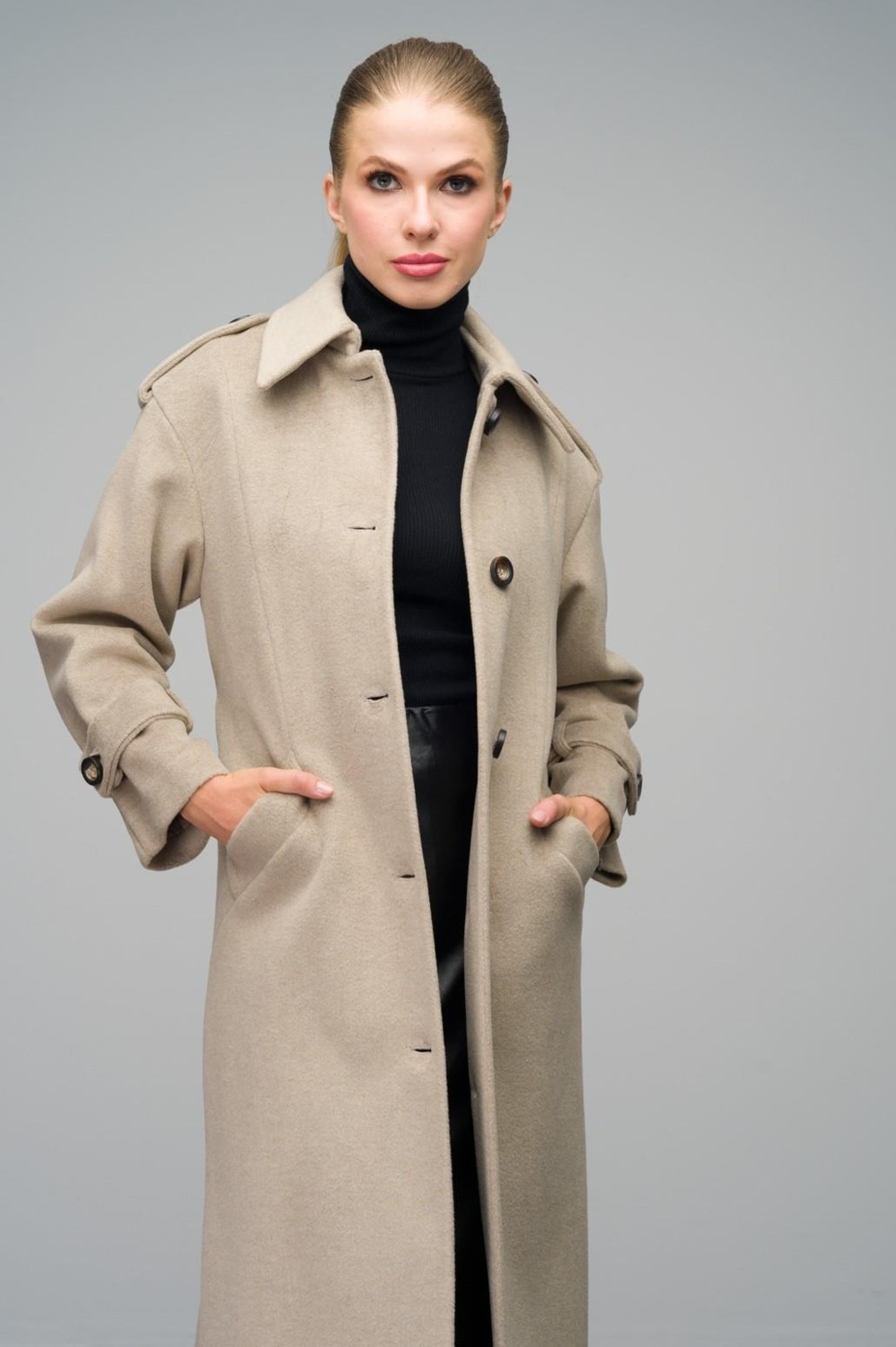 Olcay Oversize Uzun Kaban Taş Renkli Gömlek Yaka Polyester Karışımlı Düz Desen 2024 Sonbahar - Kış-3064 görsel 5