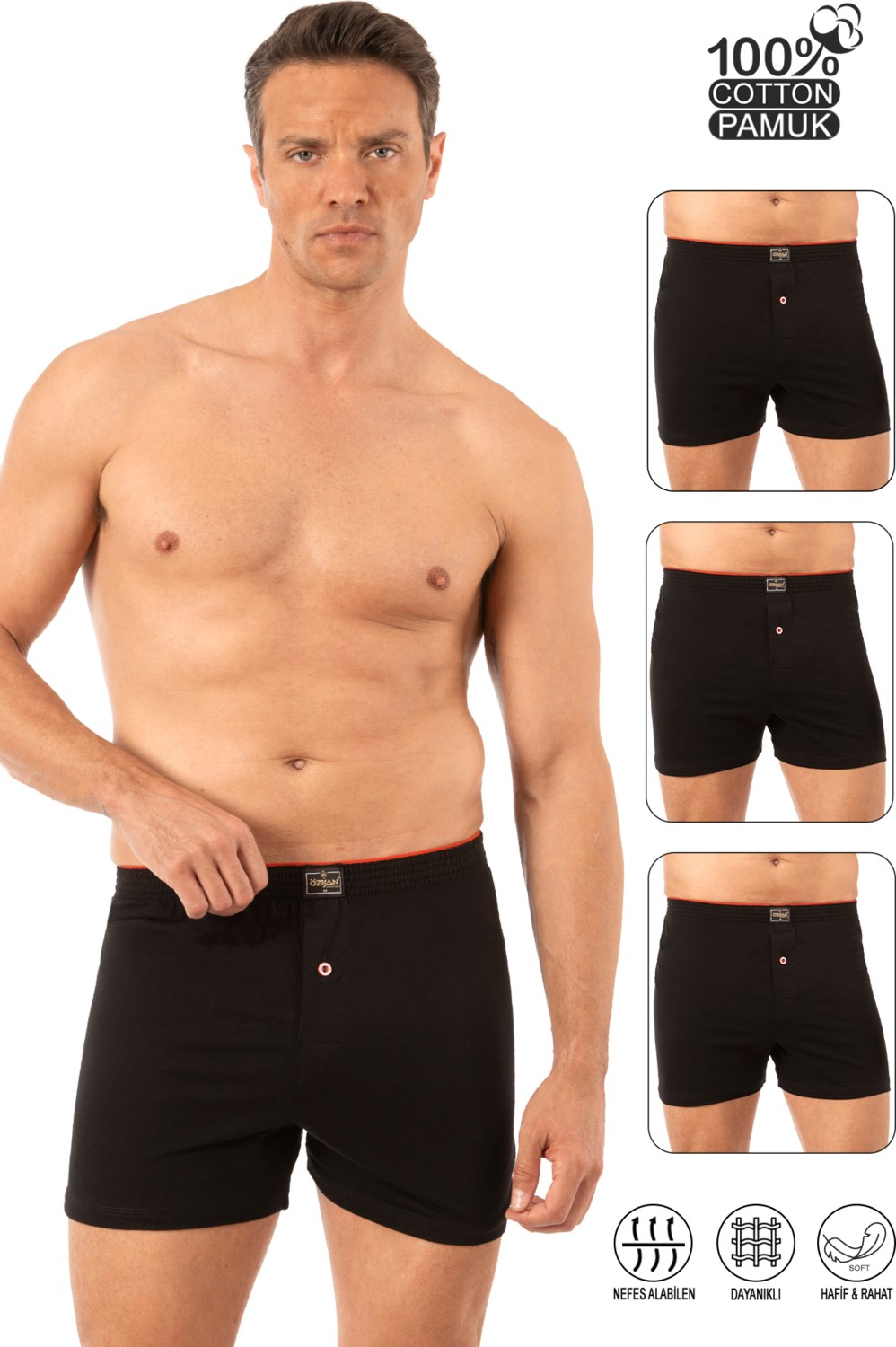 Özkan Underwear Özkan 0041 3'lü Paket Erkek Karışık Renk Şardonlu Pamuklu Düğmeli Penye Boxer