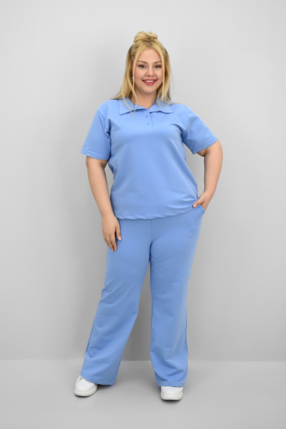 Koza Butik Kadın Büyük Beden Kısa Kollu Polo Yaka Eşofman Takımı 8188-25