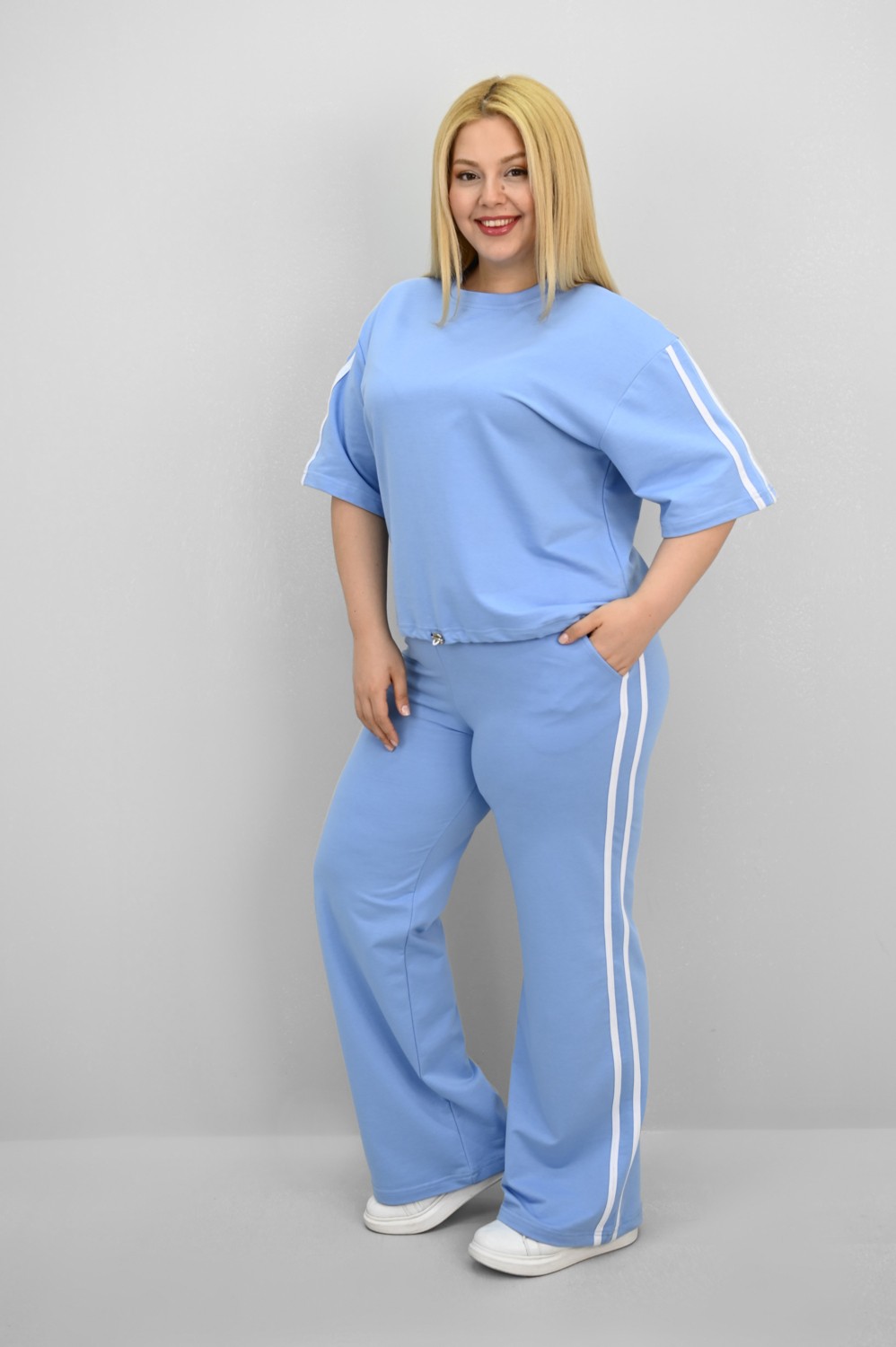 Koza Butik Kadın Büyük Beden Şerit ve Bel Büzgü Detaylı Kısa Kollu Eşofman Takımı 8197-25 görsel 3