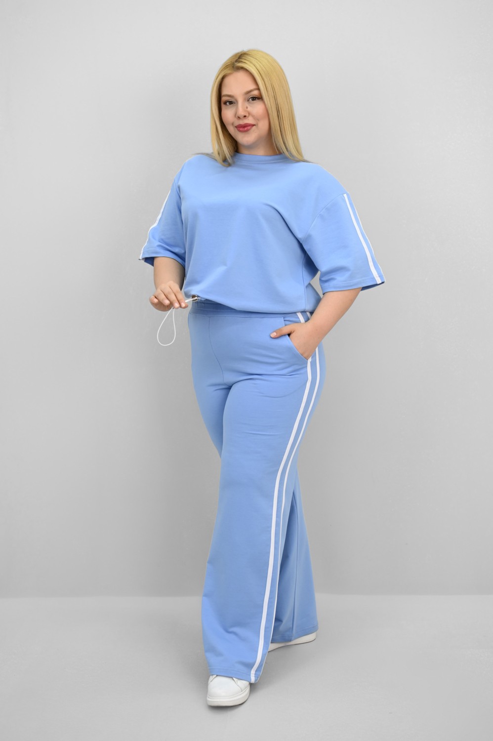 Koza Butik Kadın Büyük Beden Şerit ve Bel Büzgü Detaylı Kısa Kollu Eşofman Takımı 8197-25 görsel 5